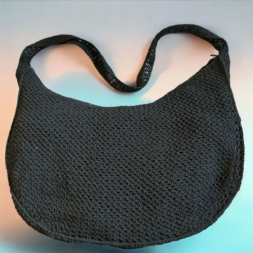 Cappelli Straworld Women's Black Crocheted Beaded Sequins Boho Y2K Shoulder Bag